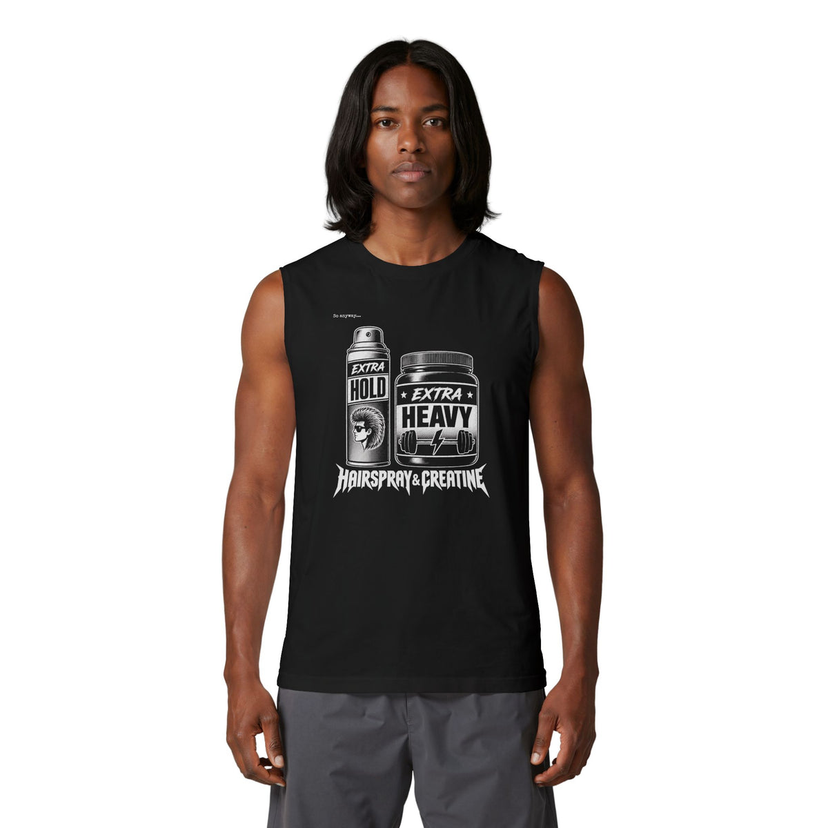 80s Vibe Hairspray & Creatine Muscle Tank — Retro Gym Humor Tank Top
