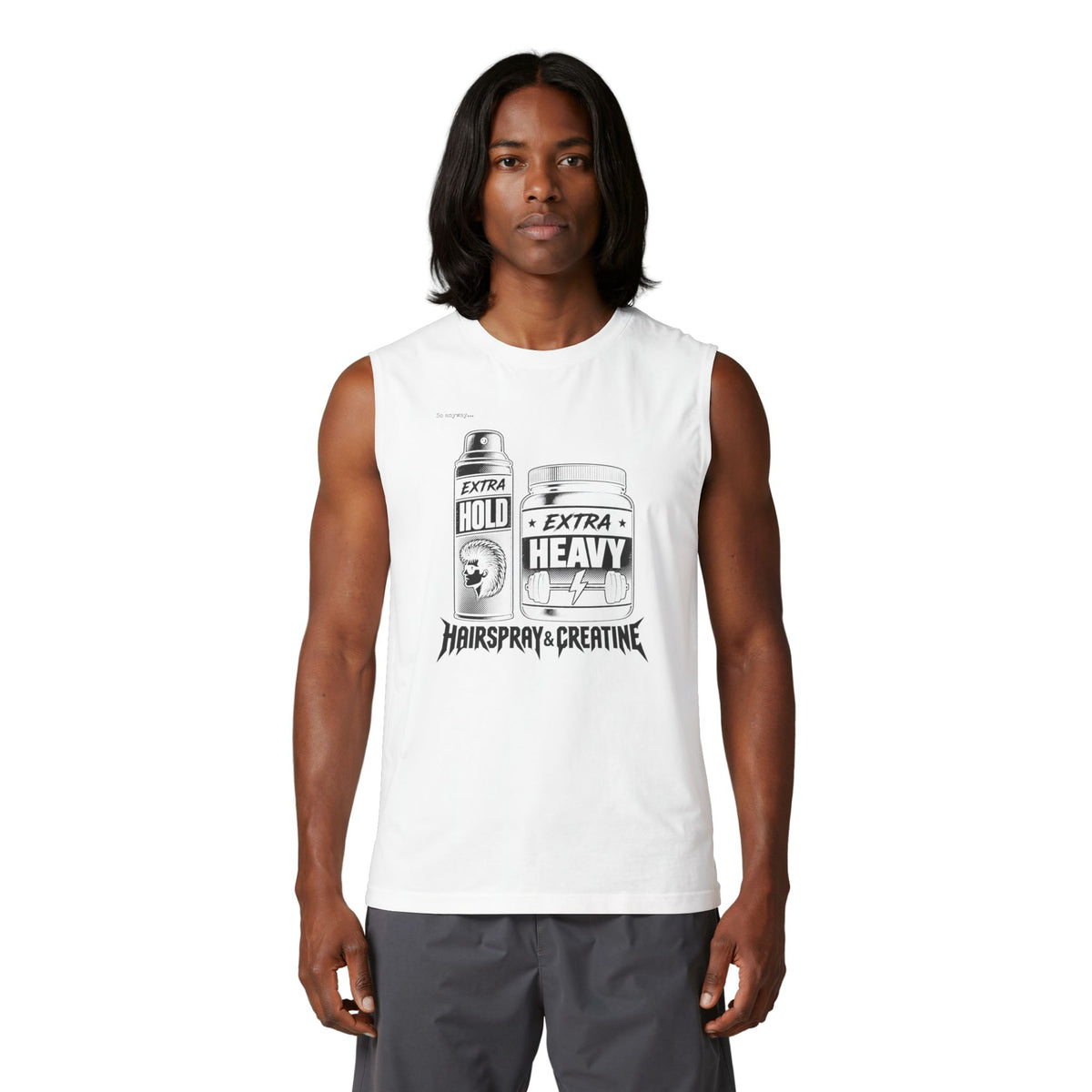 80s Vibe Hairspray & Creatine Muscle Tank — Retro Gym Humor Tank Top