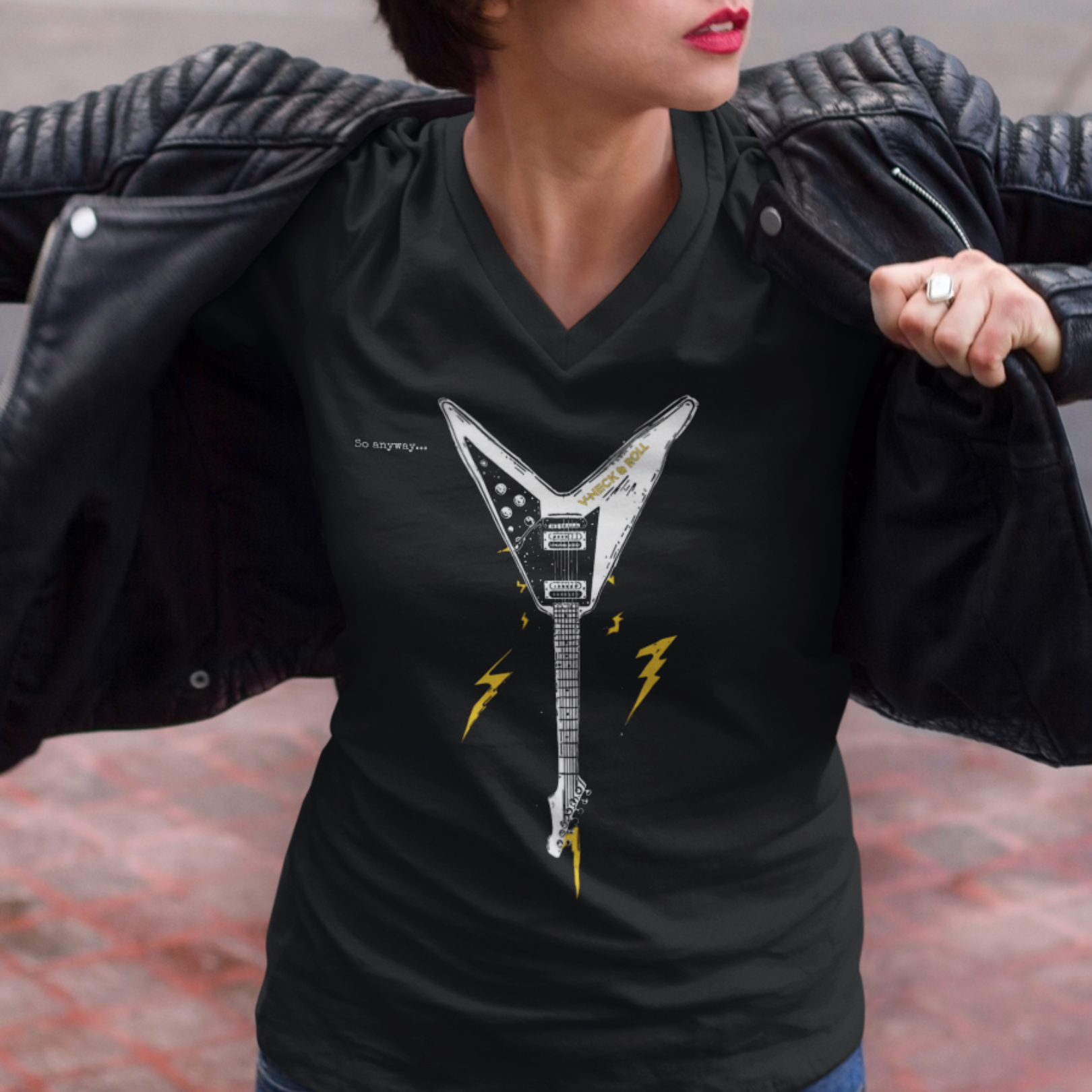 V-NECK & ROLL Dark – Funny Rock Music Guitar Lightning Graphic T-Shirt