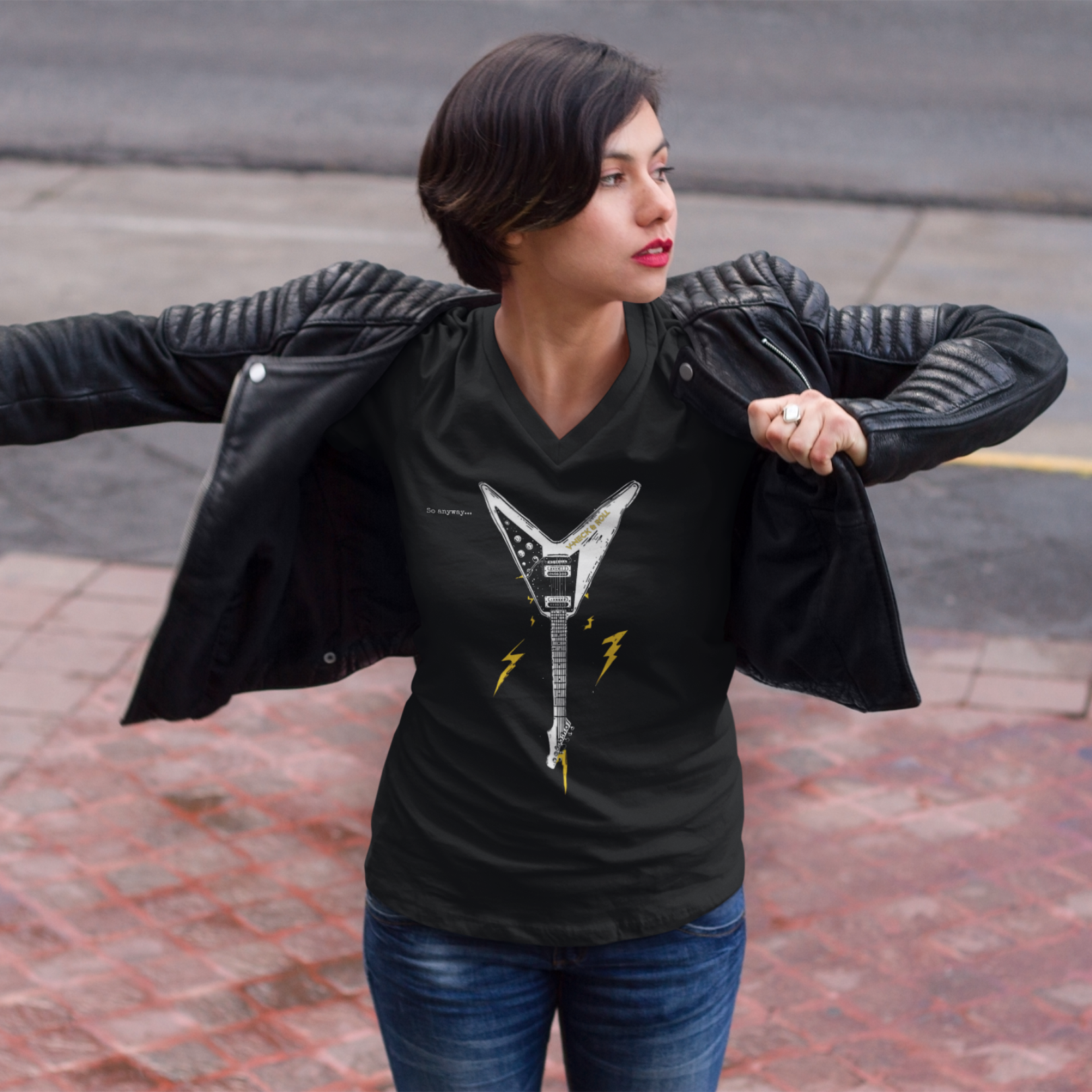 V-NECK & ROLL Dark – Funny Rock Music Guitar Lightning Graphic T-Shirt