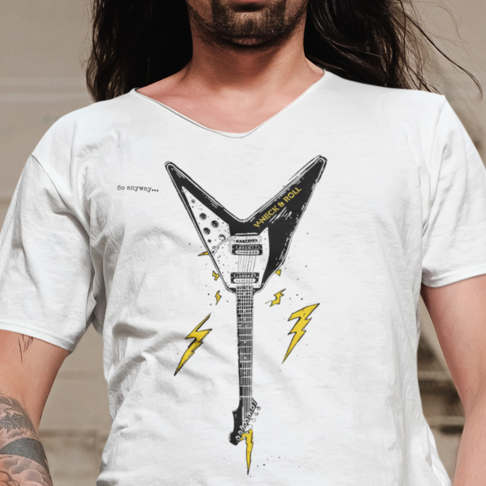 V-NECK & ROLL Light – Funny Rock Music Guitar Lightning Graphic T-Shirt