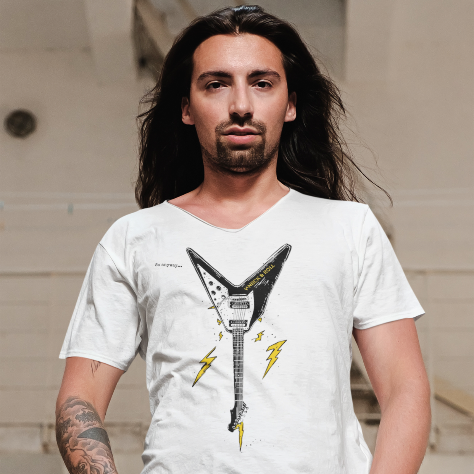 V-NECK & ROLL Light – Funny Rock Music Guitar Lightning Graphic T-Shirt