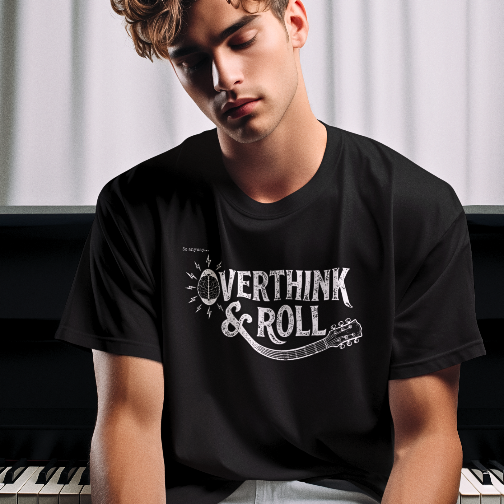 OVERTHINK & ROLL Dark – Funny Overthinking Rock Music Guitar Graphic T-Shirt