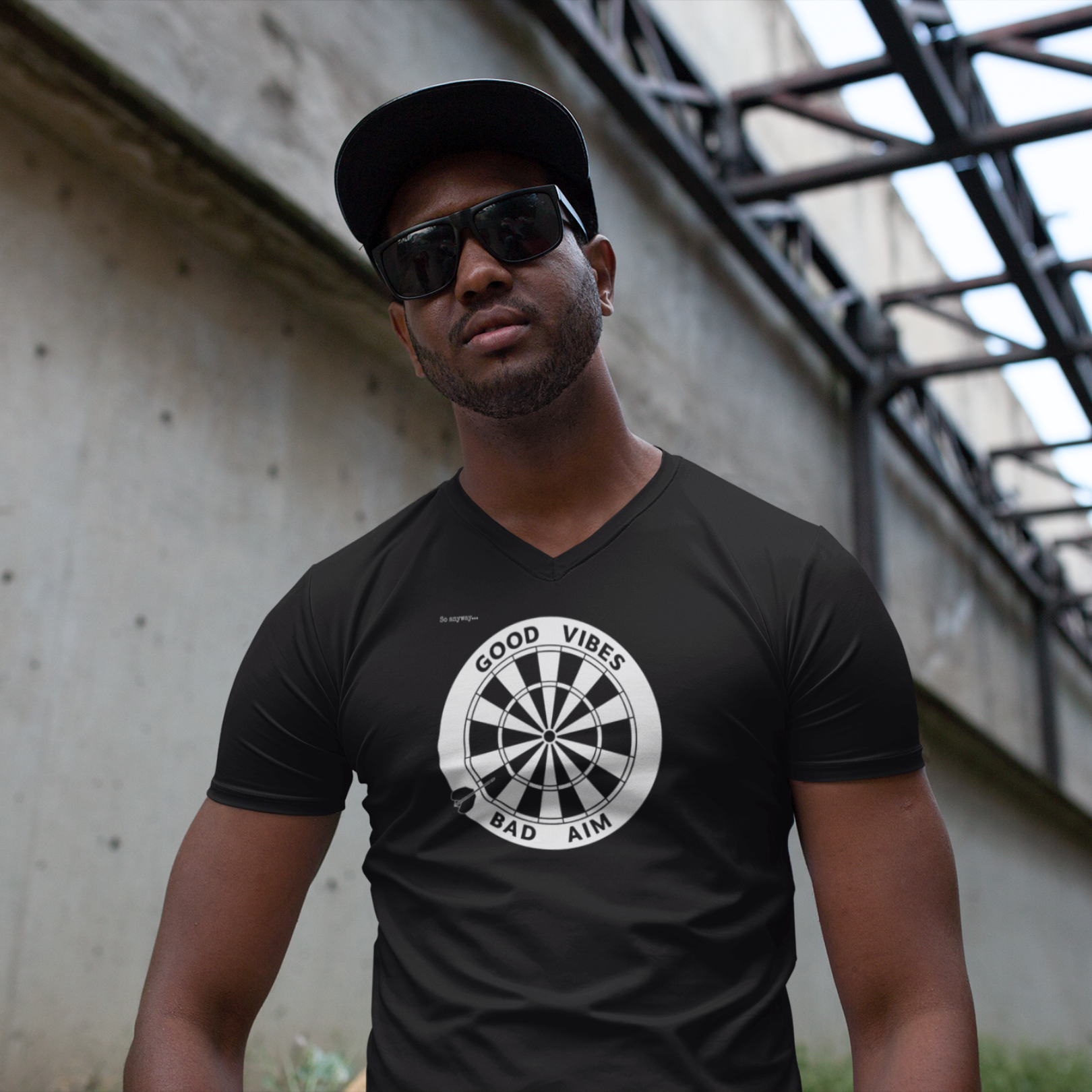 GOOD VIBES, BAD AIM – Funny Dartboard Graphic V‑Neck Tee