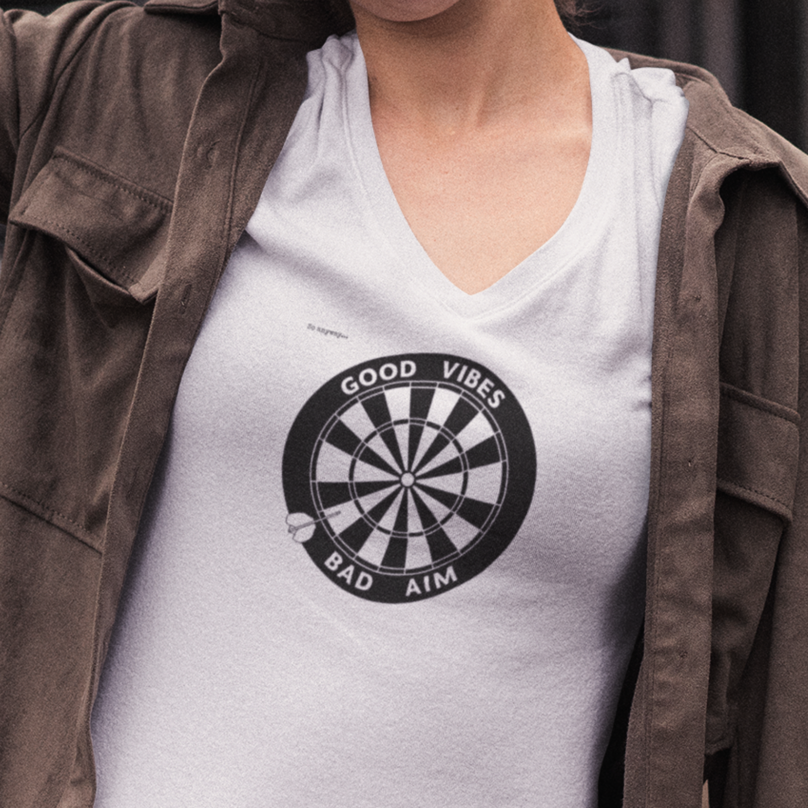 GOOD VIBES, BAD AIM – Funny Dartboard Graphic V‑Neck Tee