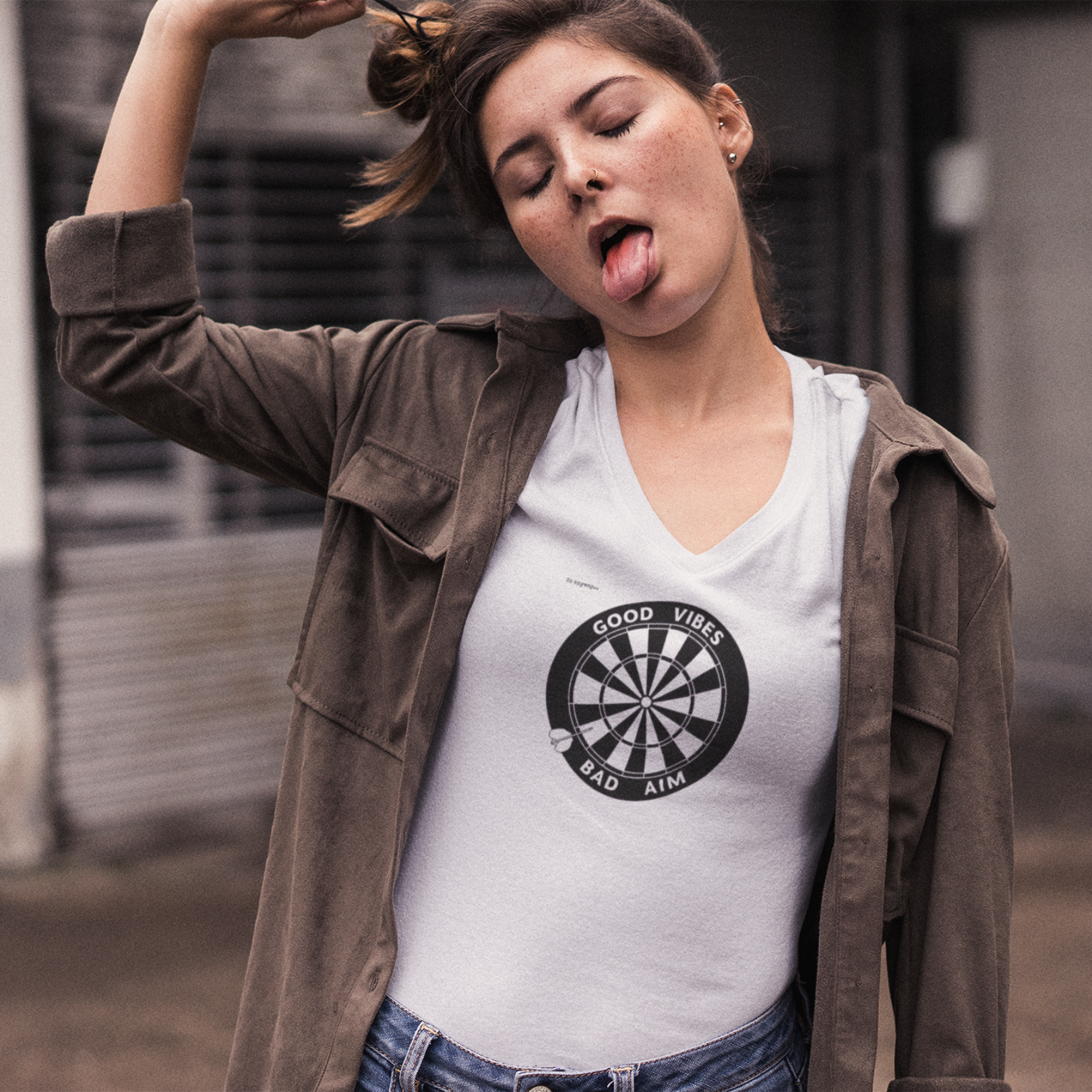 GOOD VIBES, BAD AIM – Funny Dartboard Graphic V‑Neck Tee