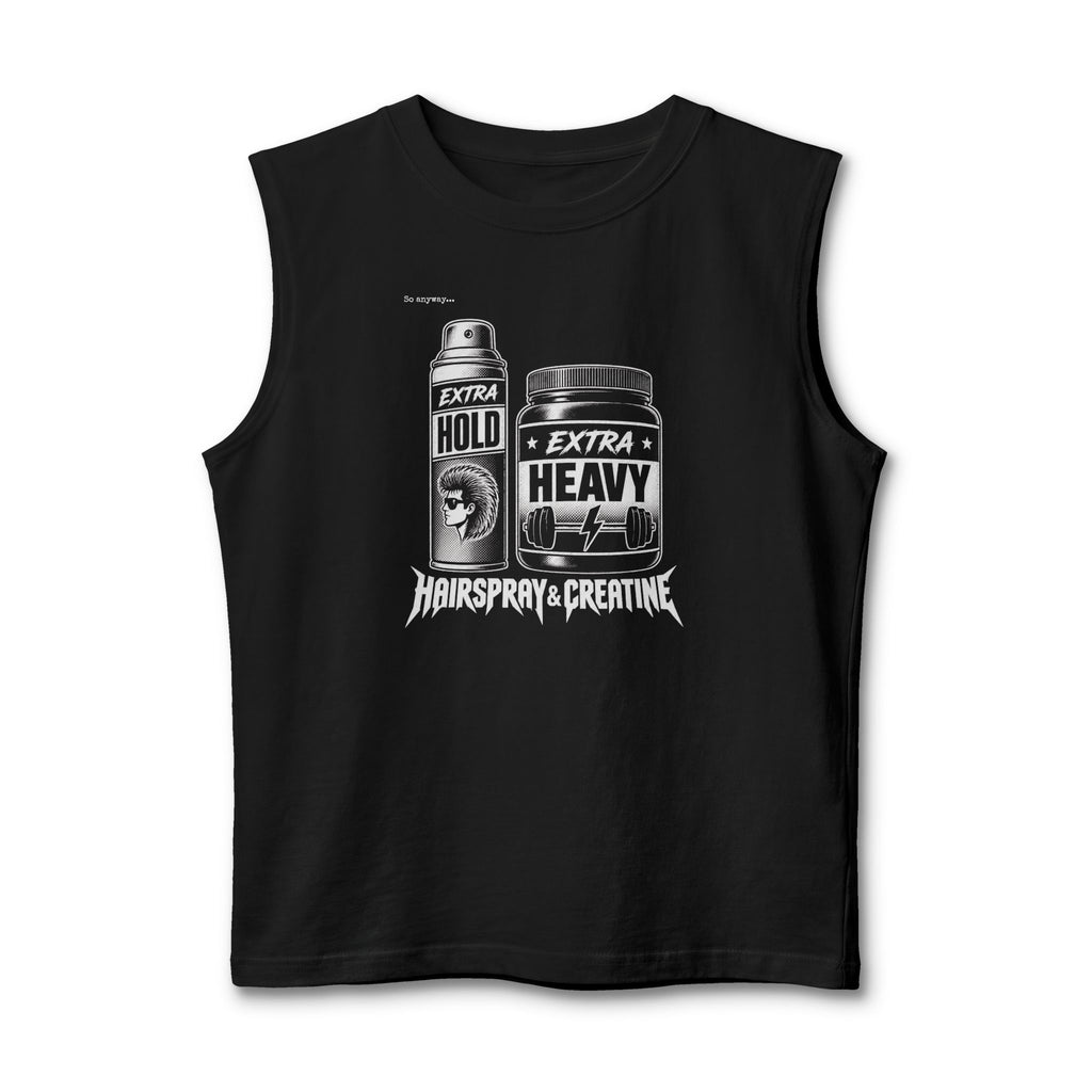 80s Vibe Hairspray & Creatine Muscle Tank — Retro Gym Humor Tank Top