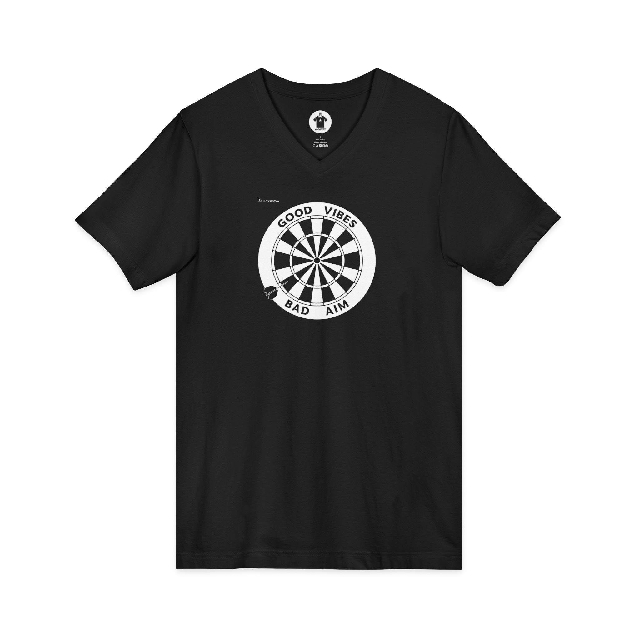 GOOD VIBES, BAD AIM – Funny Dartboard Graphic V‑Neck Tee