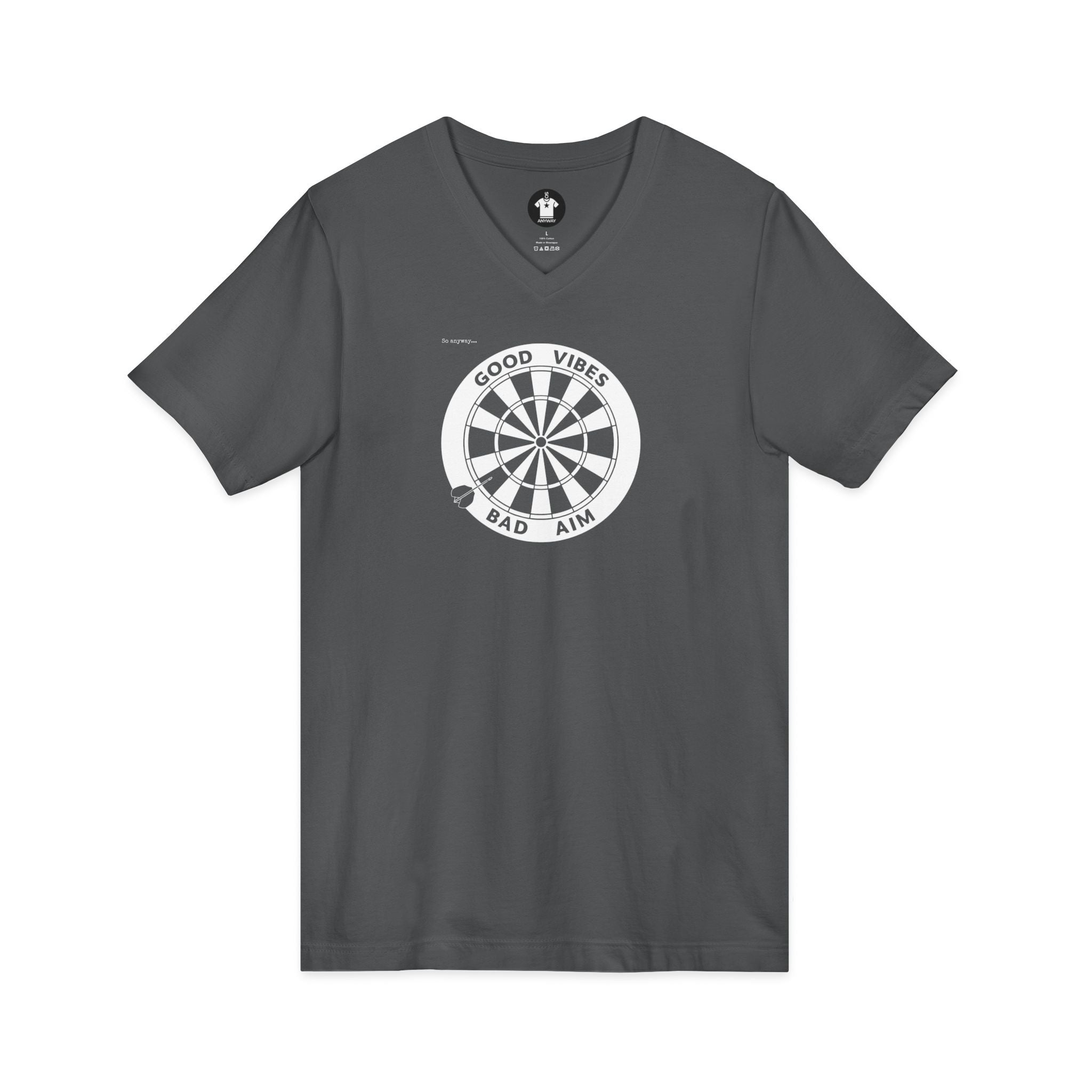 GOOD VIBES, BAD AIM – Funny Dartboard Graphic V‑Neck Tee