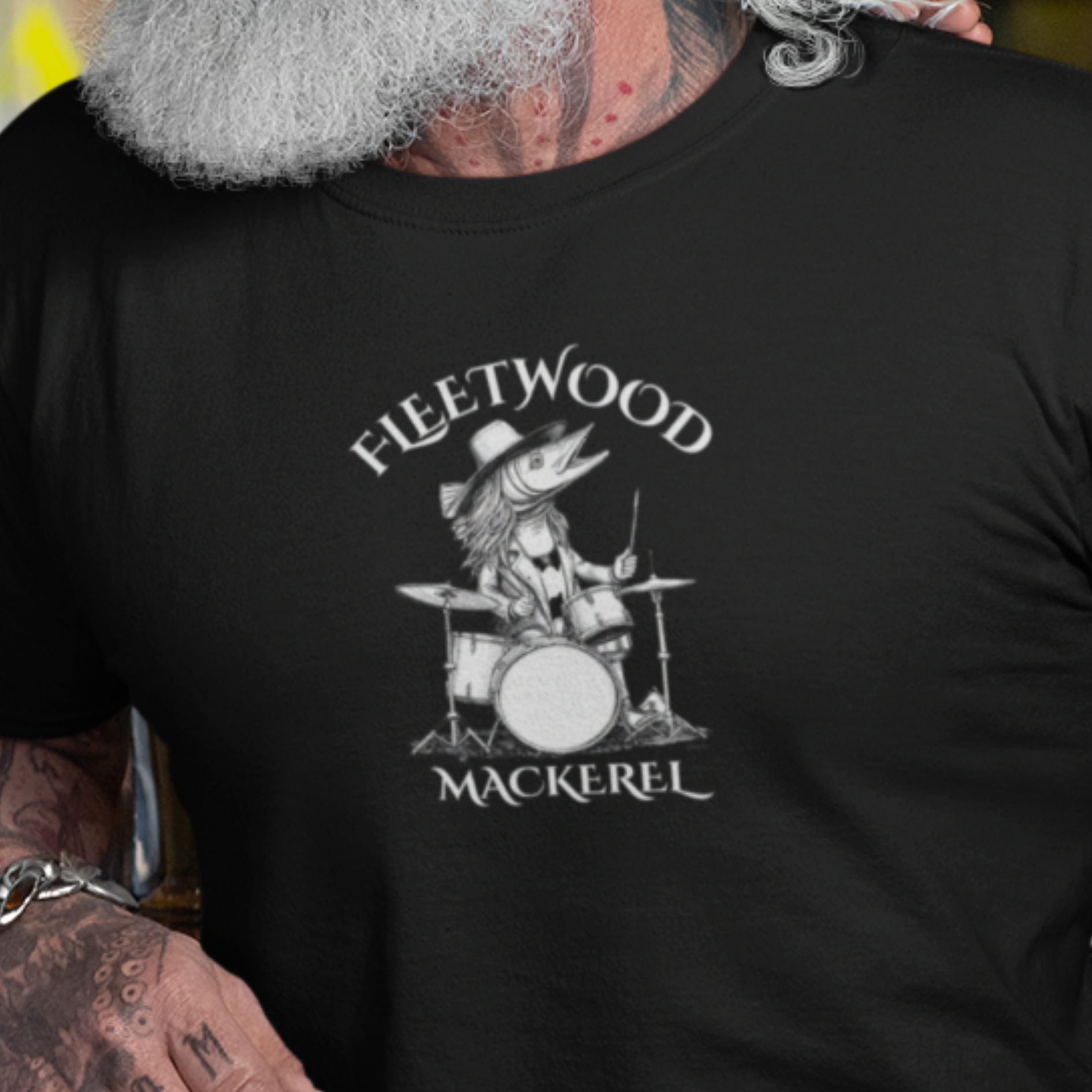 FLEETWOOD MACKEREL Dark Tee - Funny Rock Band Fish Drummer Graphic (Unisex)