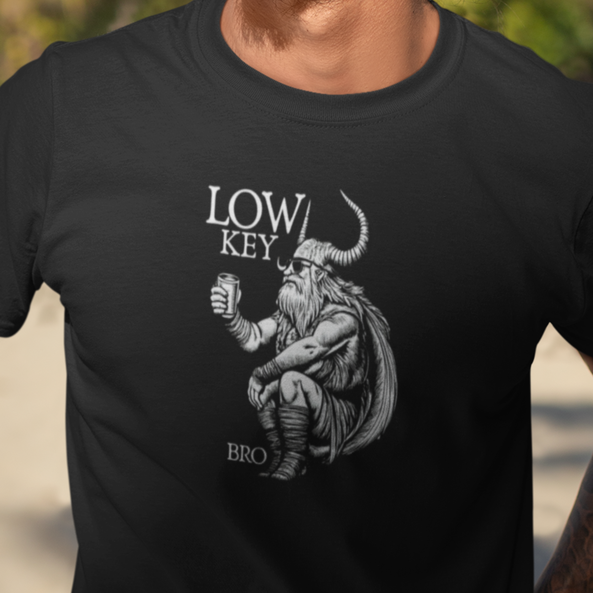 LOW KEY, BRO Dark - Loki Norse Mythology Pun Graphic Tee